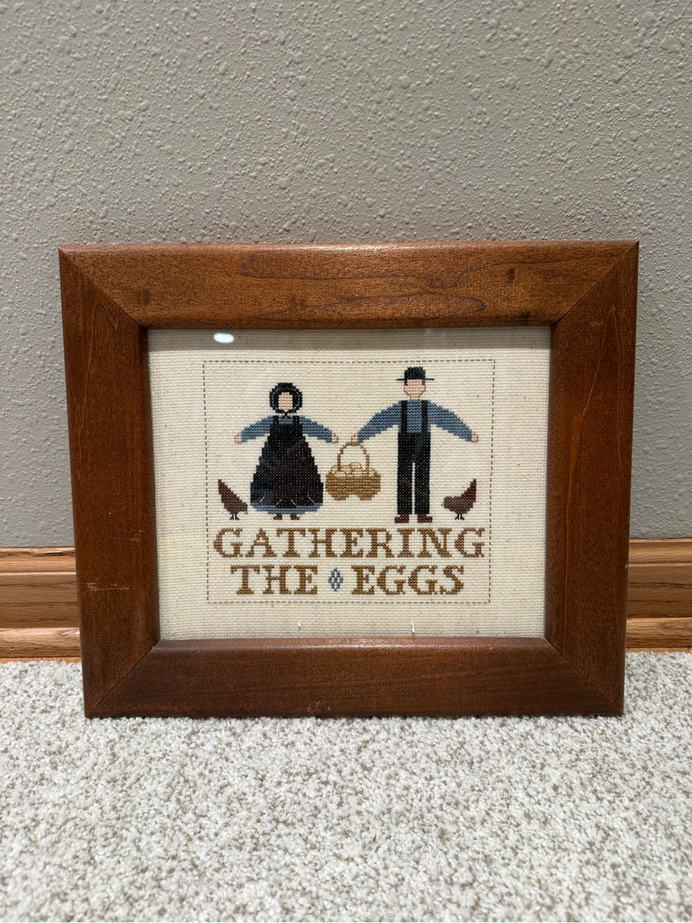 Vintage Amish Cross Stitch Gathering The Eggs Framed Art Farmhouse Primitive